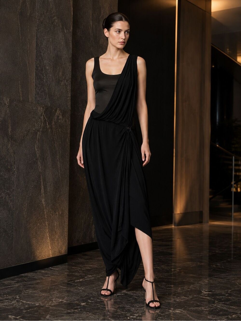 McQ Alexander McQueen Black Asymmetric Draped Maxi Dress Size S Italy